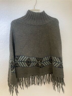 Indigenous Gray Turtleneck Fringe Poncho with Geometric Band